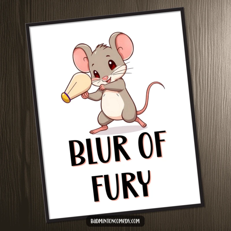 Funny mouse in rapid motion, hitting a shuttlecock with surprising speed, humorous digital art print for wall decor.