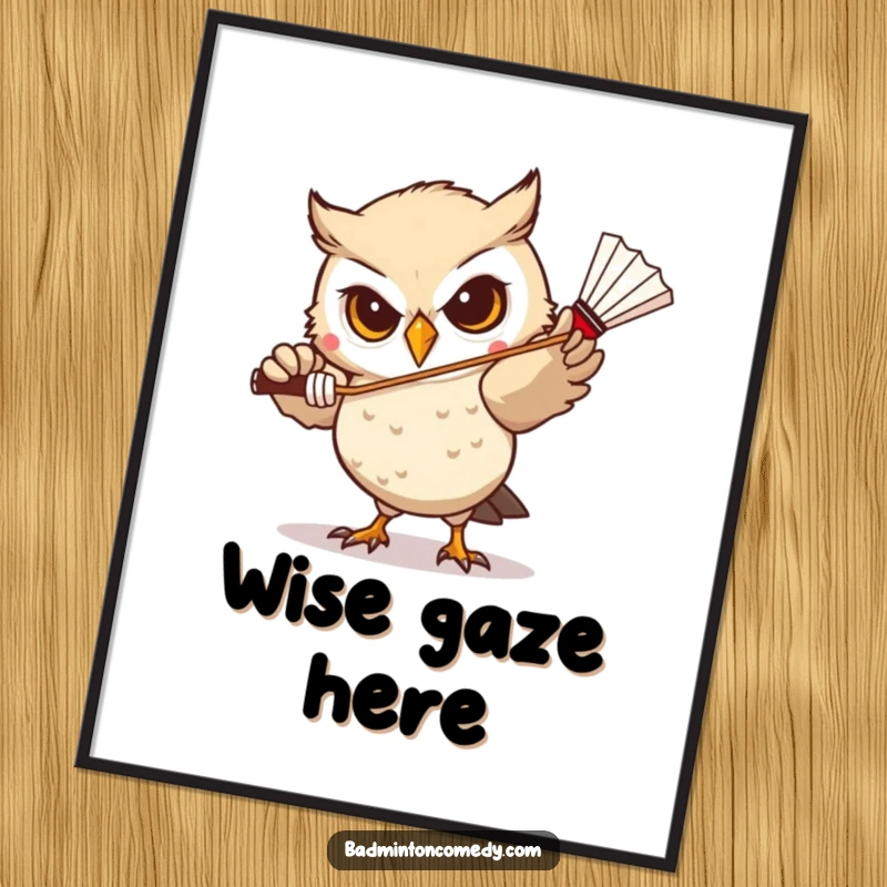 Funny Owl Badminton Digital Art: A focused owl character aiming to hit a shuttlecock, offering artful concentration and humor.