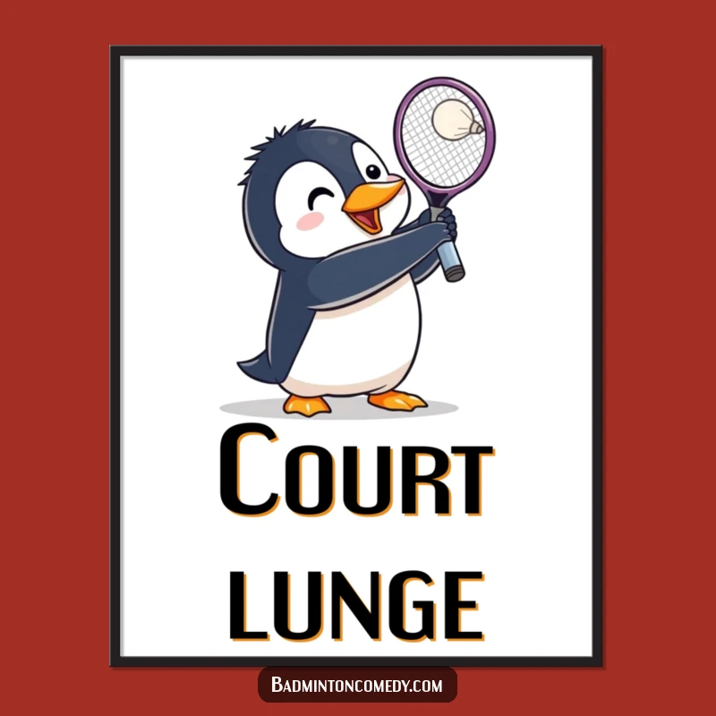 Funny Penguin Badminton Digital Art Print: Lunging Bird Smash Decor!