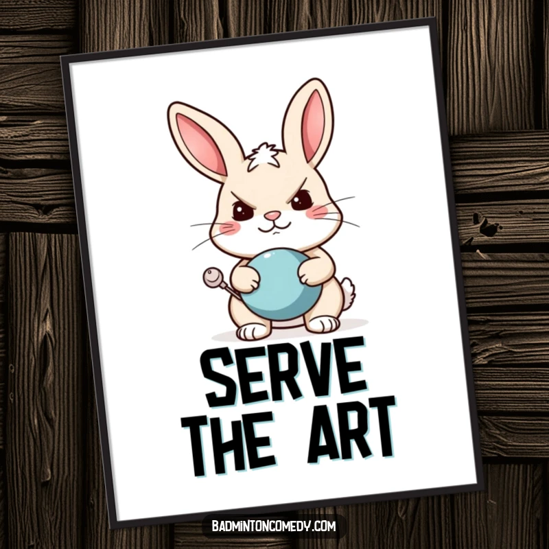 Funny rabbit tennis digital art print of a determined rabbit athlete ready to receive a serve with a huge, funny grin.