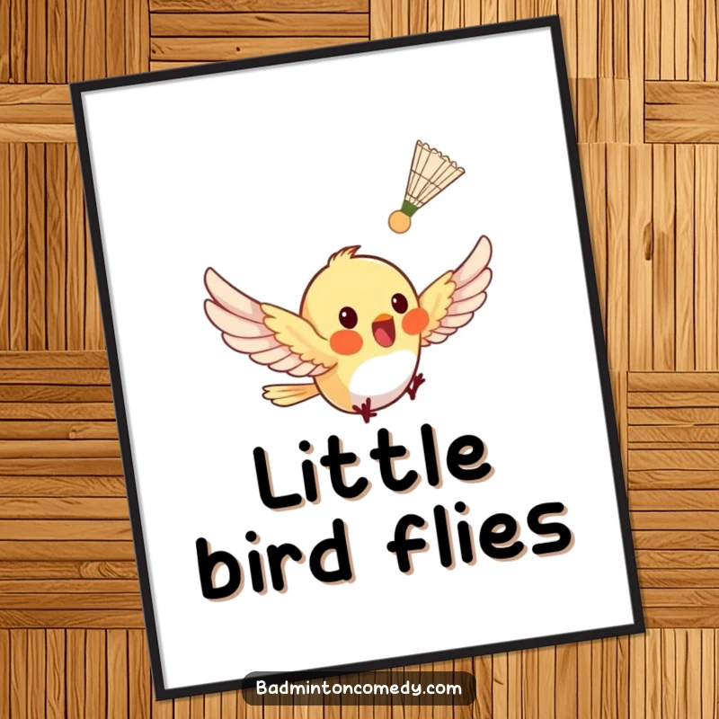 Funny tiny bird fluttering after a shuttlecock in digital art, ideal for whimsical decor.