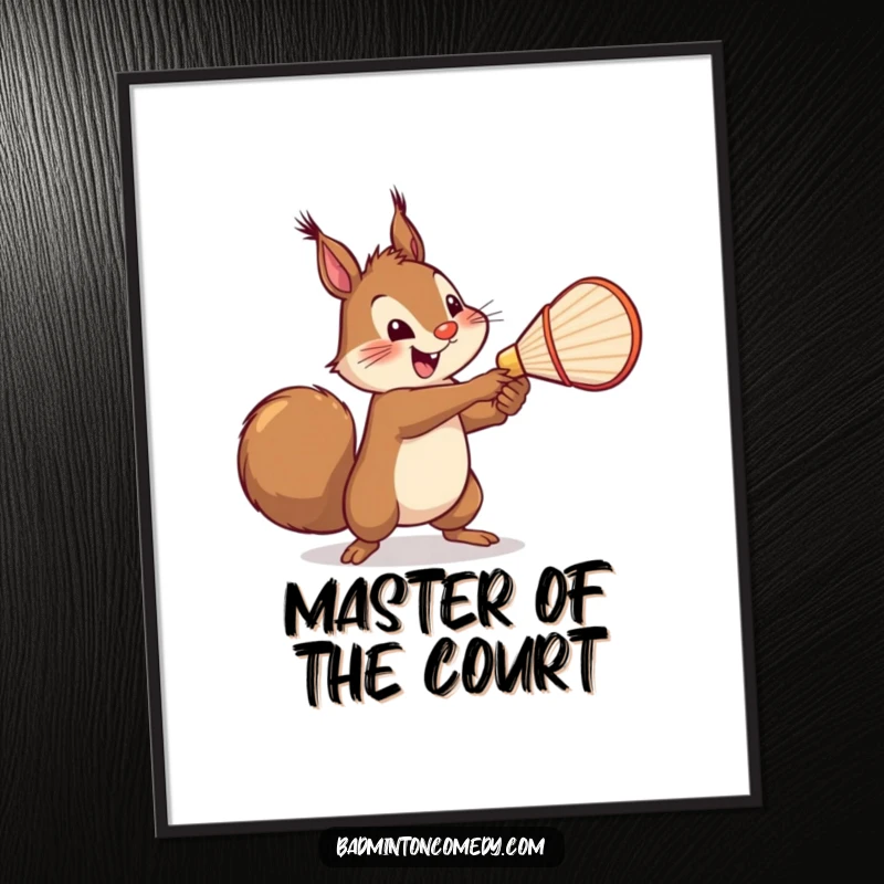 Funny Squirrel Badminton Digital Art Print: A cheerful squirrel serving a shuttlecock with a mighty swing, perfect for instant humorous wall art.