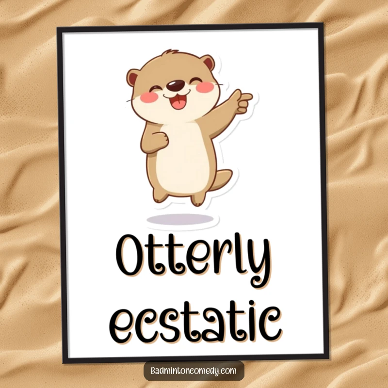 Funny digital art print of a playful otter character jumping in celebration on a badminton court, full of energy.