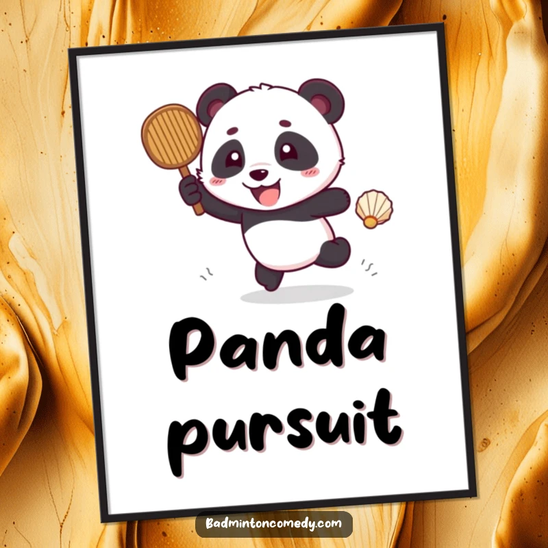 Funny panda artistically rendered excitedly chasing a shuttlecock across a court, as printable digital art.