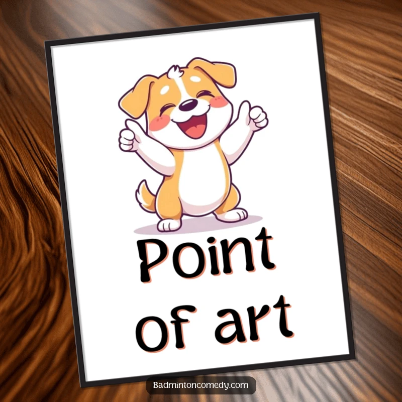 Funny dog tennis digital art print of a happy dog barking joyfully and swinging its racket after winning a point.