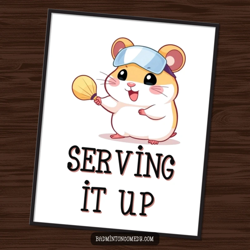 Funny hamster wearing a visor, cheerfully serving a shuttlecock with a tiny racket, as printable digital art.