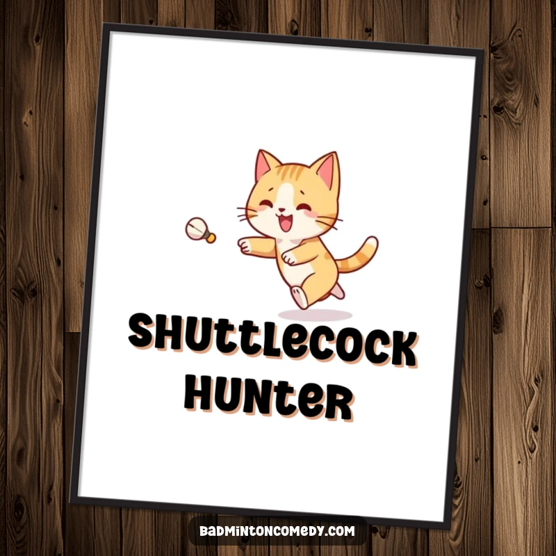 Funny Cat Badminton Digital Art Print: A joyful cat character joyfully chases a shuttlecock with playful determination, full of energy.