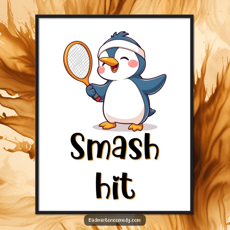Funny penguin in a headband, joyfully swinging a tennis racket, high-resolution digital art print for humorous wall decor.