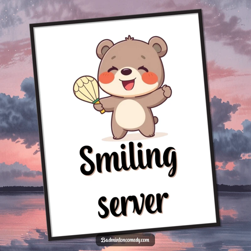 Funny Bear Badminton Digital Art Print: A smiling bear cub enthusiastically serves a shuttlecock with a badminton racket, full of joy.