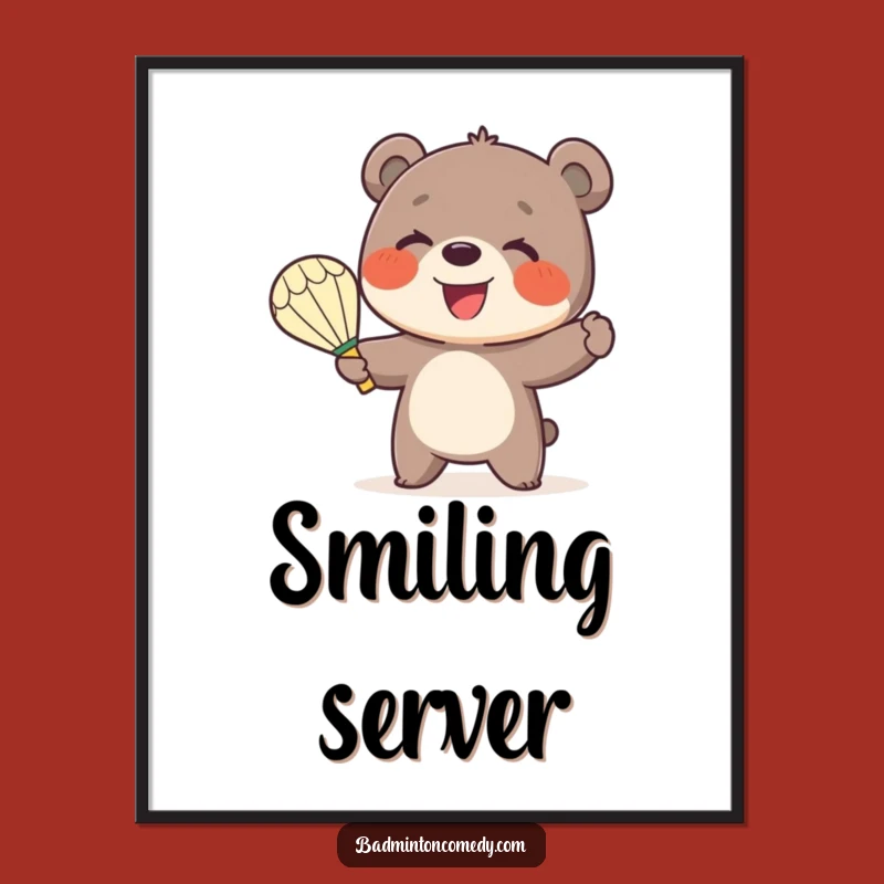 Funny Bear Badminton Digital Art Print: Smiling Cub Serve Decor!