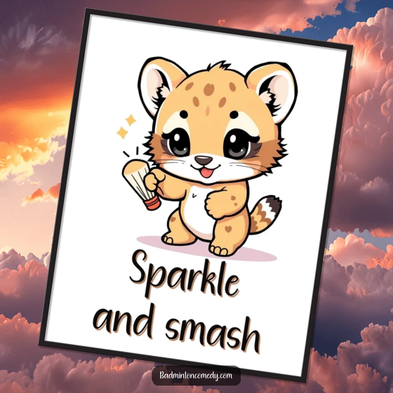 Funny digital art print of a playful bear cub batting a shuttlecock with its paw, eyes sparkling with fun, capturing joyful action.