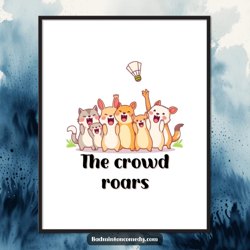 Funny Digital Art: Animals in a frenzy cheering for a shuttlecock, a high-energy and humorous piece for instant wall decor.