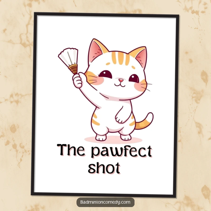 Funny Cat Badminton Action Print depicting a playful cat character batting a shuttlecock with its paw, perfect for lively decor.