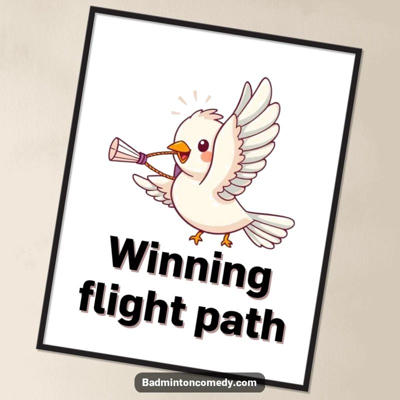 Funny bird character soaring with a shuttlecock in its beak, on a humorous badminton digital art print.