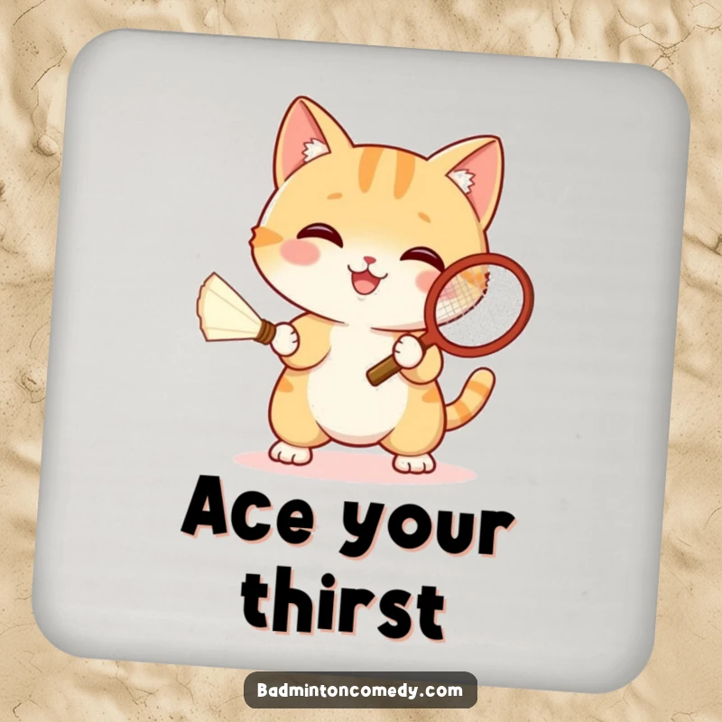 Funny cat playing badminton with a shuttlecock and racket, depicted on a protective drink coaster.