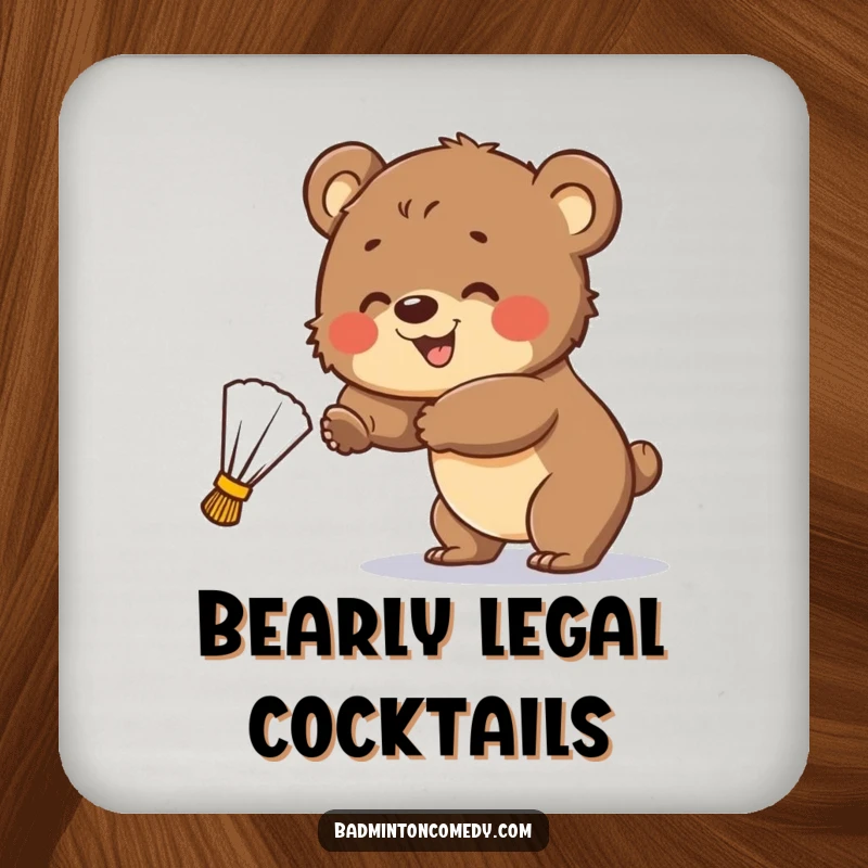 Funny Coaster: A smiling bear cub attempts to hit a badminton shuttlecock, bringing playful sports charm to surfaces.