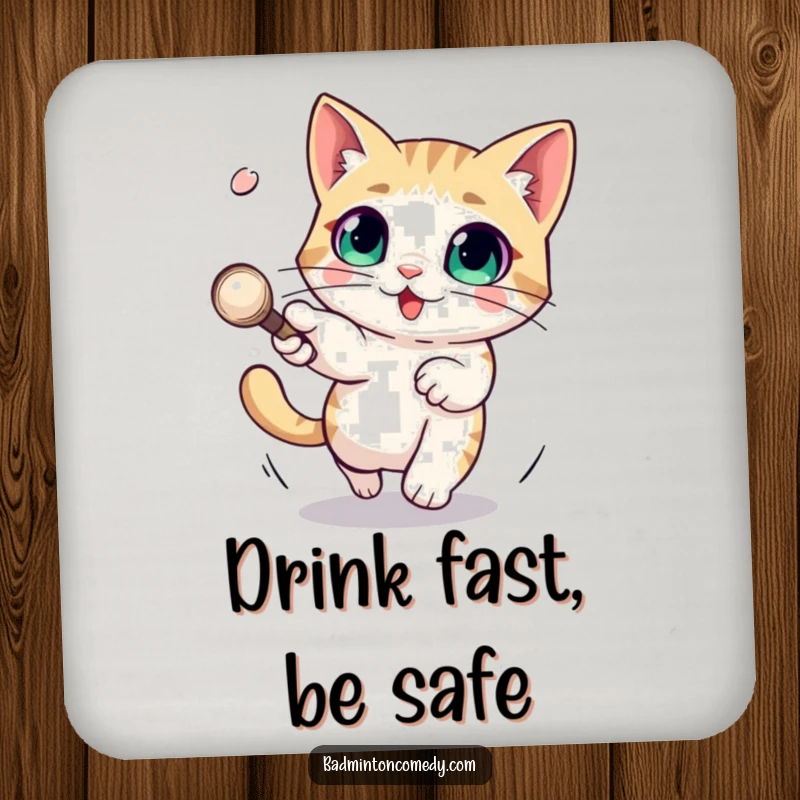 Funny coaster featuring a cat with large eyes skillfully dodging a fast shuttlecock, a playful yet protective addition.