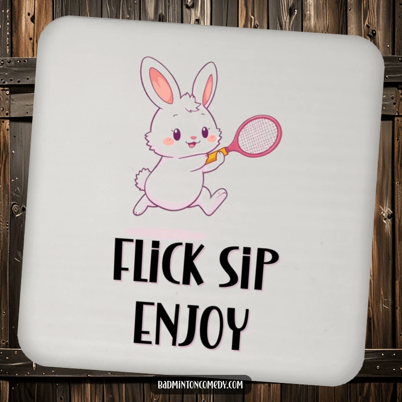 Funny bunny character serving a badminton shot on a coaster, a funny gift for home decor.