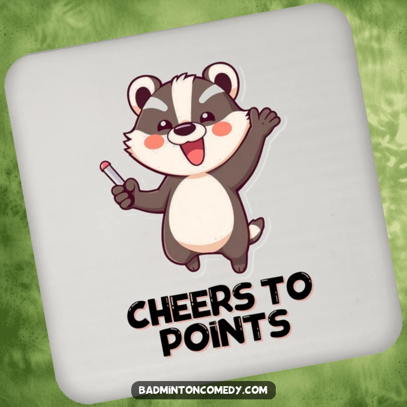 Funny Badger Triumph Coaster: A joyful badger character performs a triumphant jump, celebrating a point, perfect for surface protection.