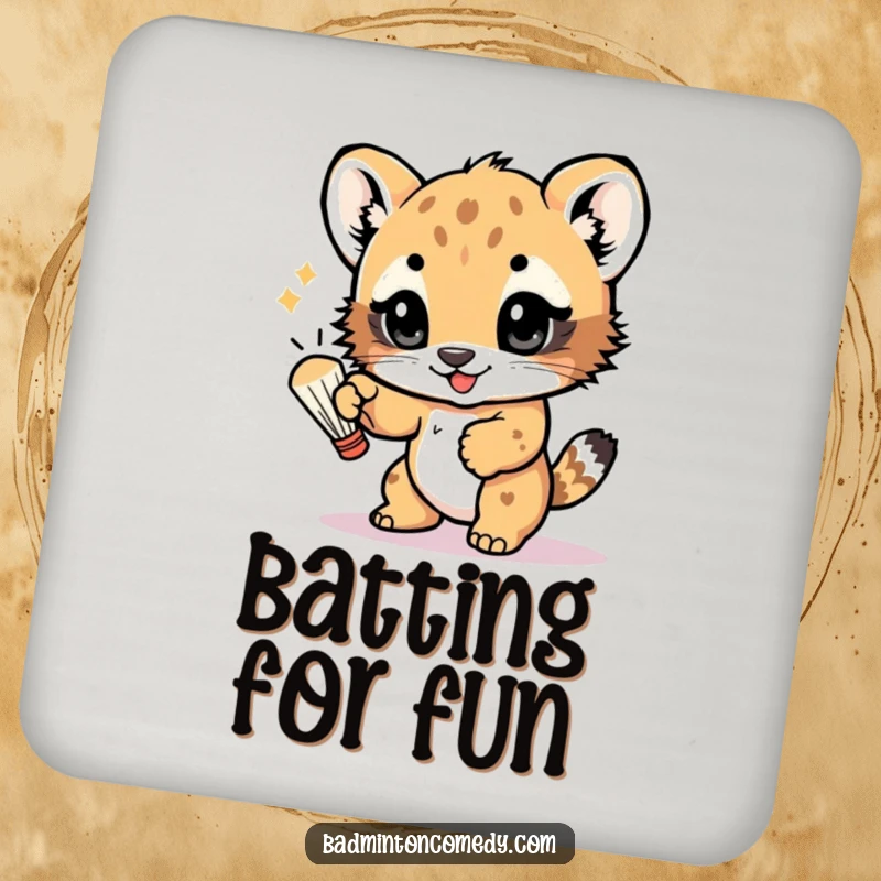 Funny drink coaster featuring a playful bear cub batting a shuttlecock with its paw, eyes sparkling with fun, protecting surfaces.