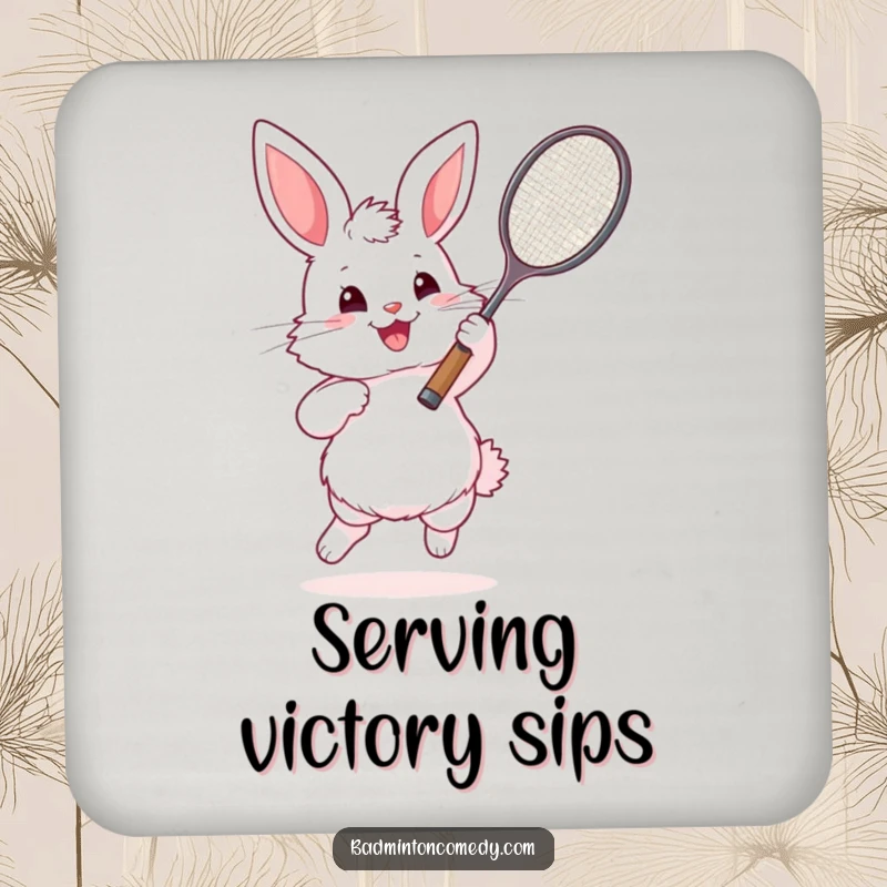 Funny Bunny Badminton Coaster: A fluffy rabbit playing badminton, protecting surfaces with a humorous sports design.