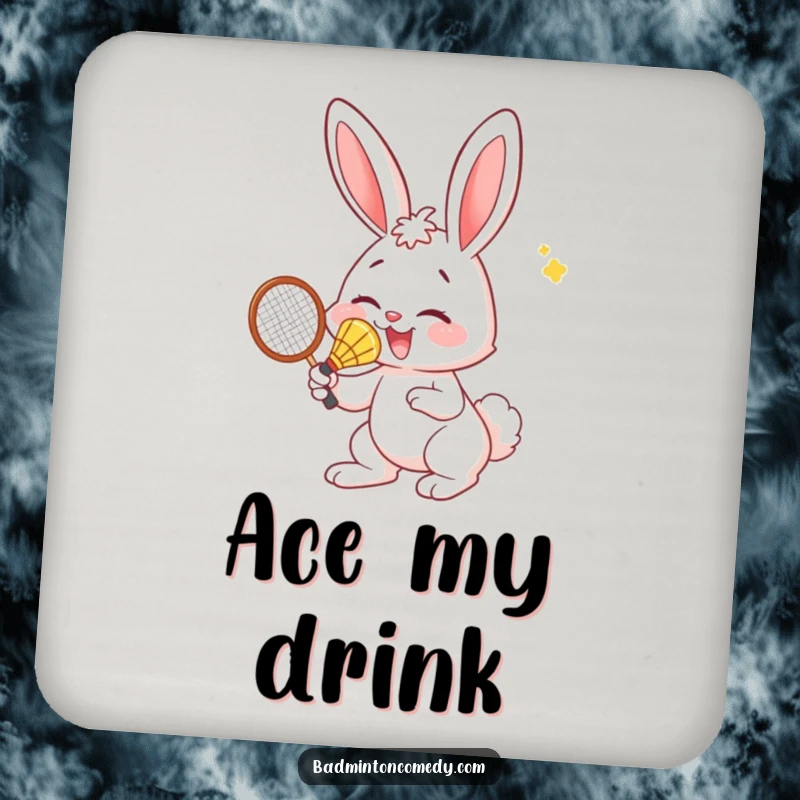 Funny Bunny Coaster: A coaster with a humorous illustration of a bunny using its nose to hit a badminton shuttlecock.