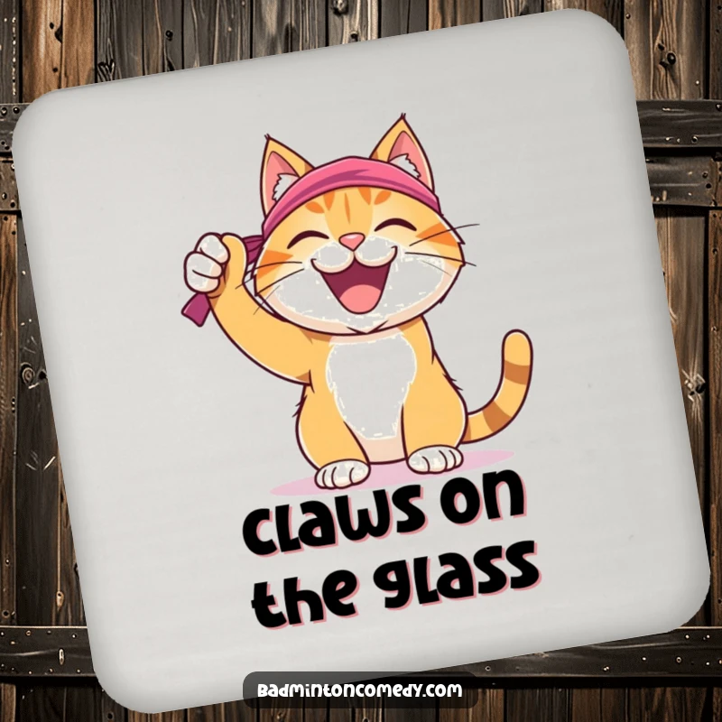 Funny Cat Badminton Coaster: A joyful cat celebrating a badminton shot, humorously protecting surfaces.