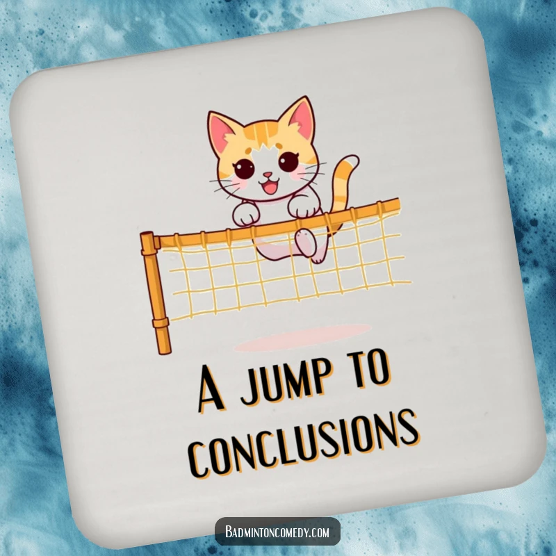 Funny coaster featuring a determined cat character mid-jump over a net, a sporty and protective addition.