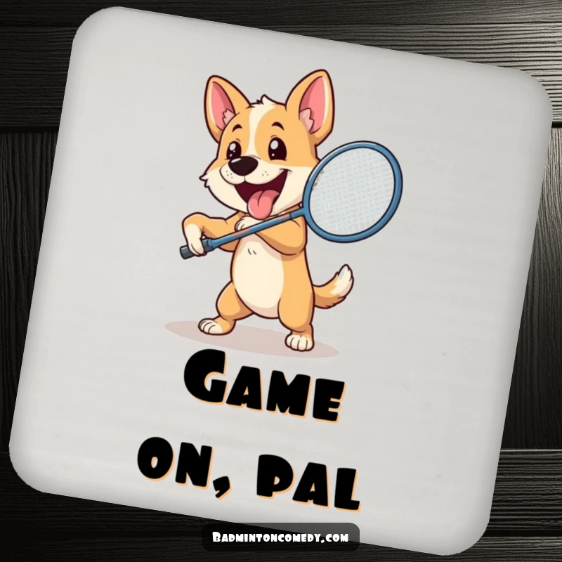 Funny Dog Badminton Coaster: An enthusiastic dog swings a badminton racket with powerful energy, ready to smash a shuttlecock.