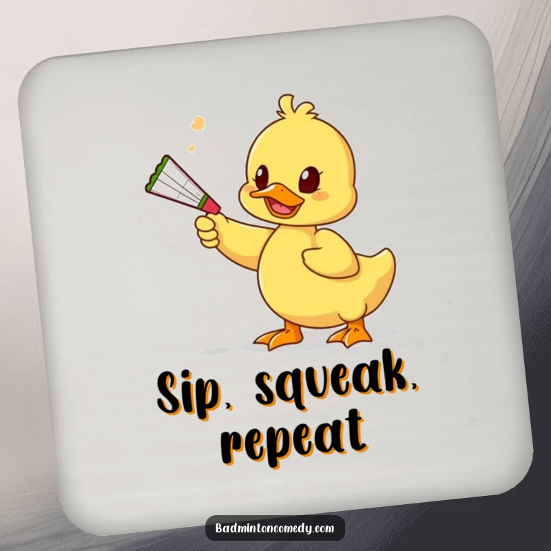 Funny Duck Toy Coaster: A playful duck character uses a squeaky toy to bat a shuttlecock, protecting surfaces with humor.