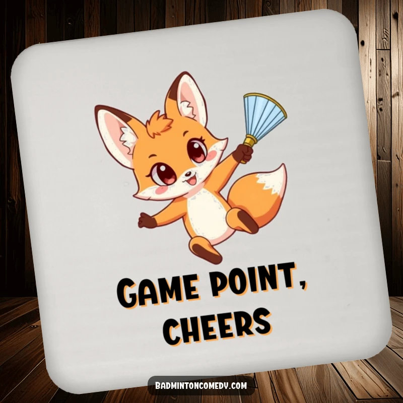 Funny Fox Smash Coaster: A humorous depiction of a fox with wide eyes leaping to smash a shuttlecock, protecting surfaces with style.