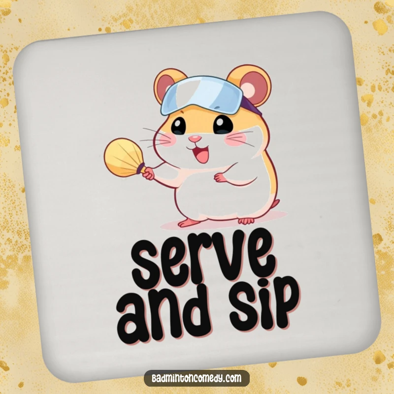 Funny hamster wearing a visor, serving a shuttlecock with a racket, depicted on a protective drink coaster.