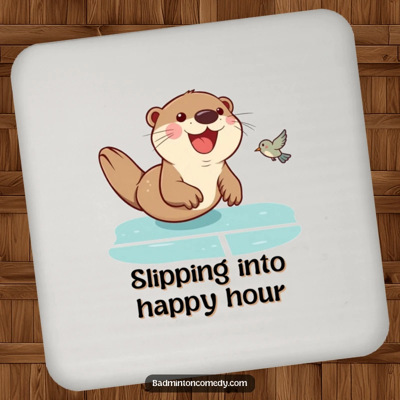 Funny Otter Badminton Coaster: A smiling otter sliding on a badminton court, humorously protecting surfaces with its athletic pose.