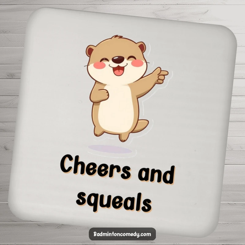 Funny drink coaster with a playful otter character jumping in celebration on a badminton court, great for surface protection.