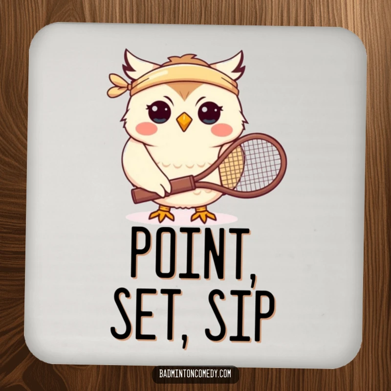 Funny drink coaster featuring a smiling owl character wearing a headband and holding a tennis racket, protecting surfaces.