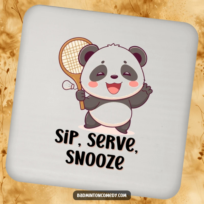 Funny smiling panda hitting a shuttlecock with a large racket on this protective and humorous drink coaster.