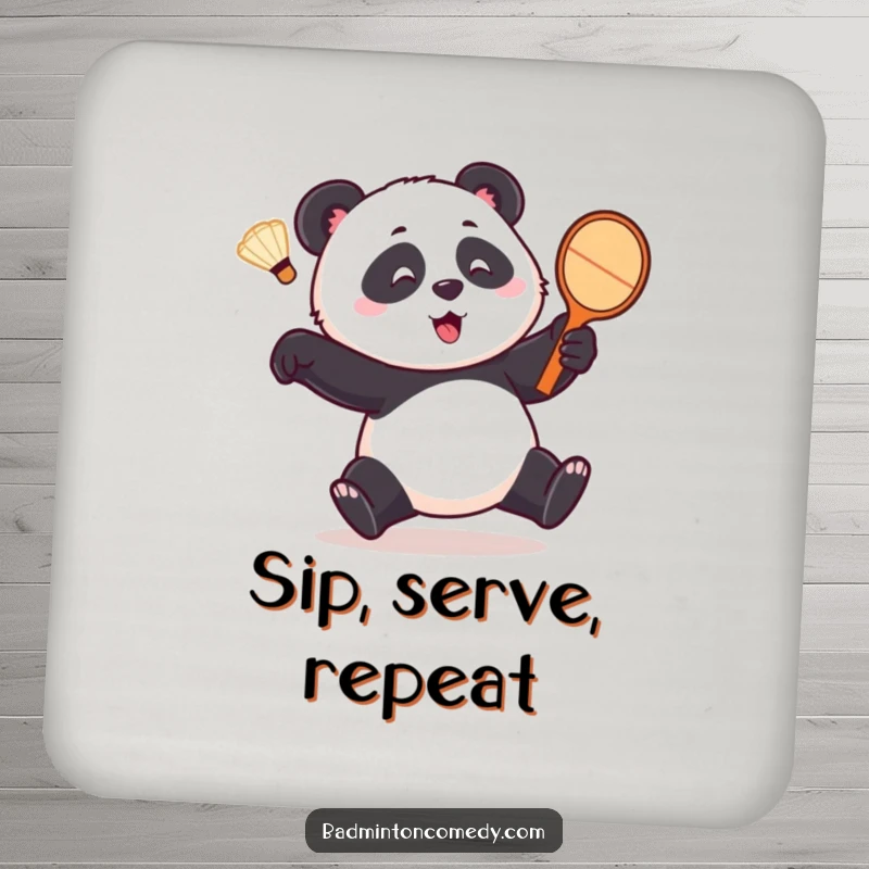 Funny panda coaster, a playful bear comically chasing a shuttlecock with a racket, adding humorous flair to your drink service.