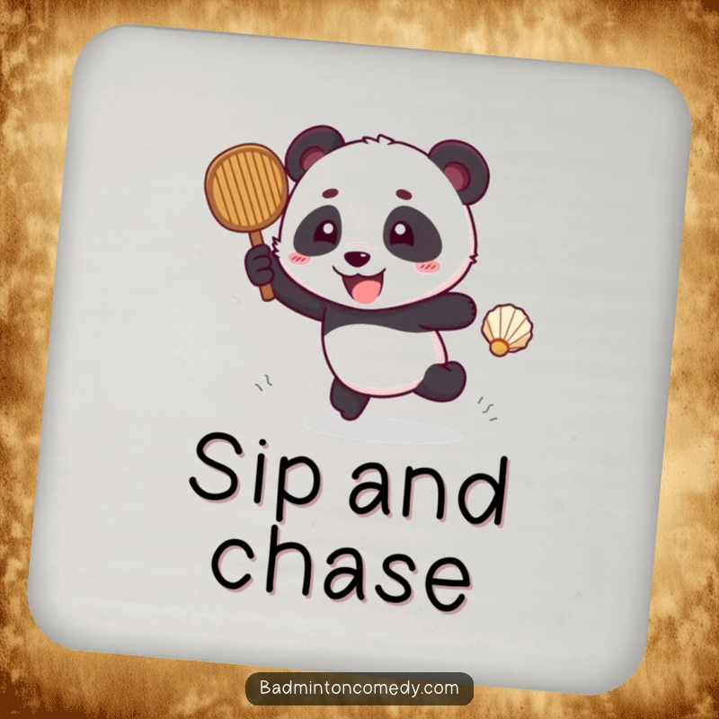 Funny panda excitedly chasing a shuttlecock with a racket, depicted on a protective drink coaster.