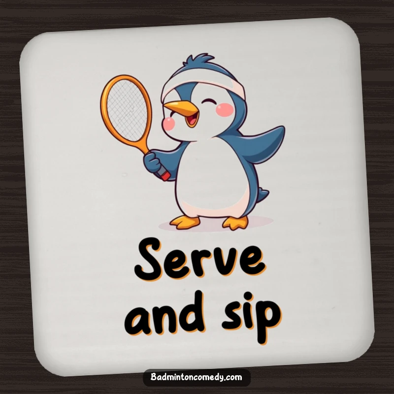 Funny penguin wearing a headband, joyfully swinging a tennis racket, a humorous and protective drink coaster.