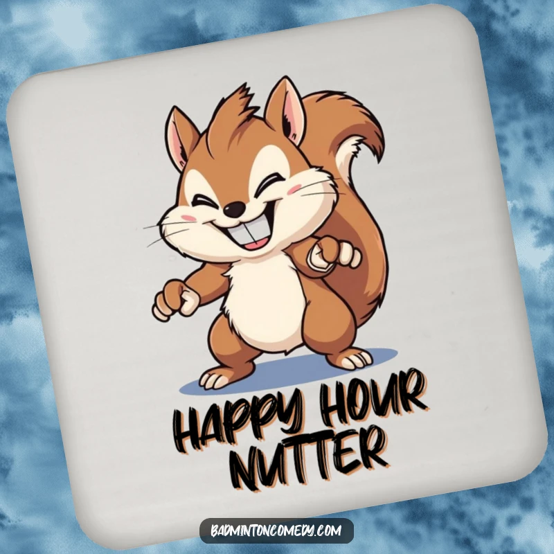 Funny squirrel coaster, a fluffy squirrel with a wide grin, powerfully smashing a shuttlecock with a racket, adding humorous flair to drinks.
