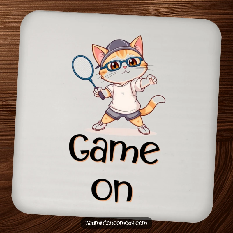 Funny cat in athletic attire, swinging a badminton racket with gusto, depicted on a protective drink coaster.