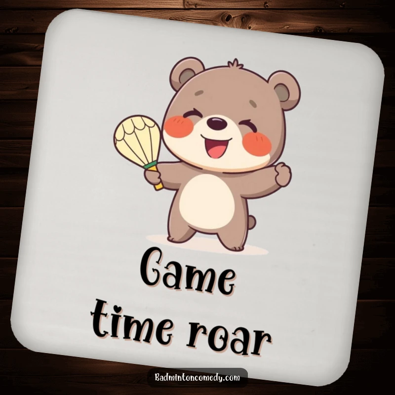 Funny Bear Badminton Coaster: A smiling bear cub enthusiastically serves a shuttlecock with a badminton racket.
