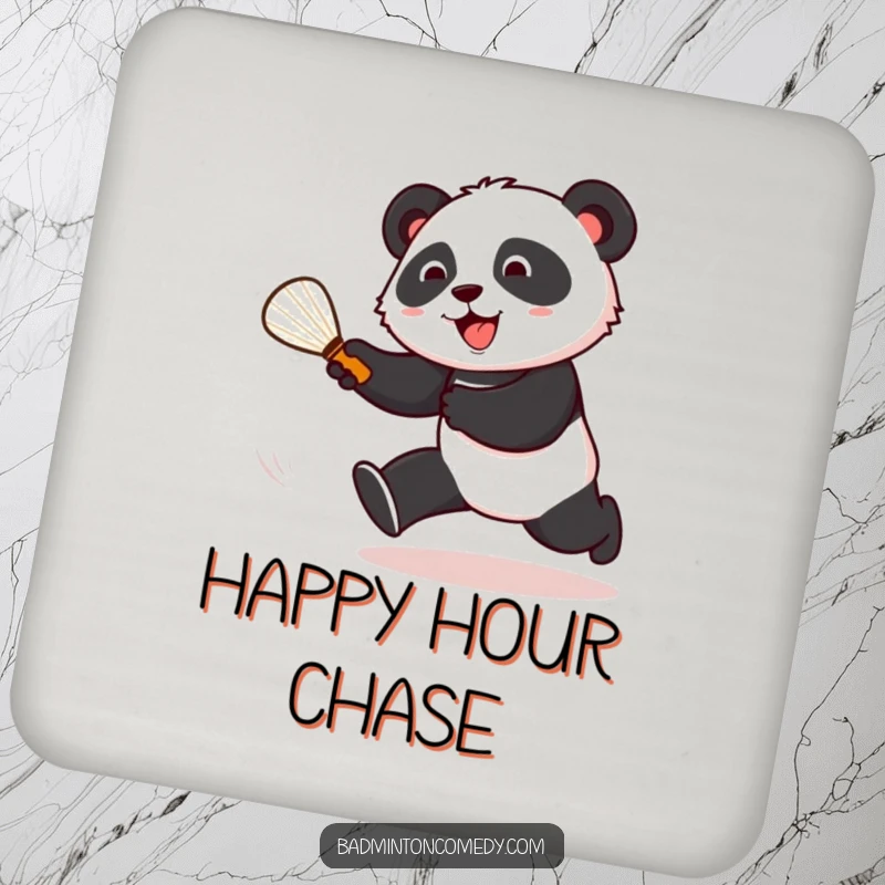 Funny panda energetically chasing a shuttlecock on a badminton court, displayed on a humorous drink coaster.