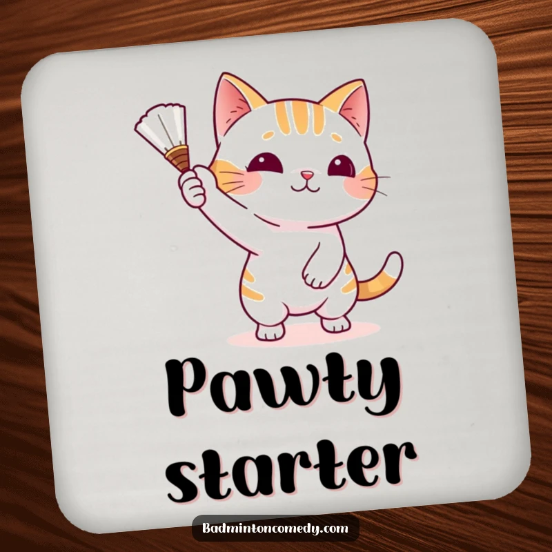 Funny Cat Badminton Coasters featuring a playful cat batting a shuttlecock with its paw, protecting surfaces with humor.