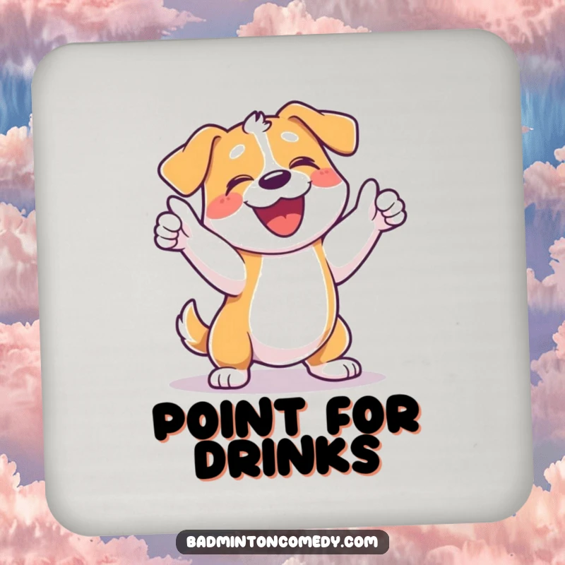 Funny dog tennis coasters featuring a happy dog celebrating a point with a joyful bark and racket swing.