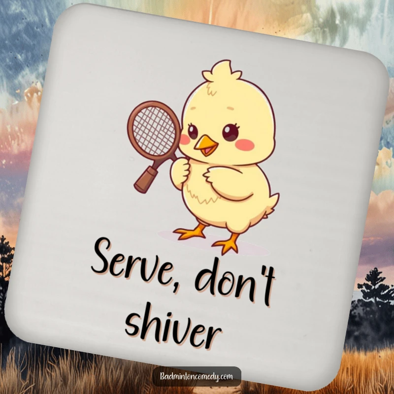 Funny chick with a tiny racket, pecking a shuttlecock, protecting your table with humor on this drink coaster.