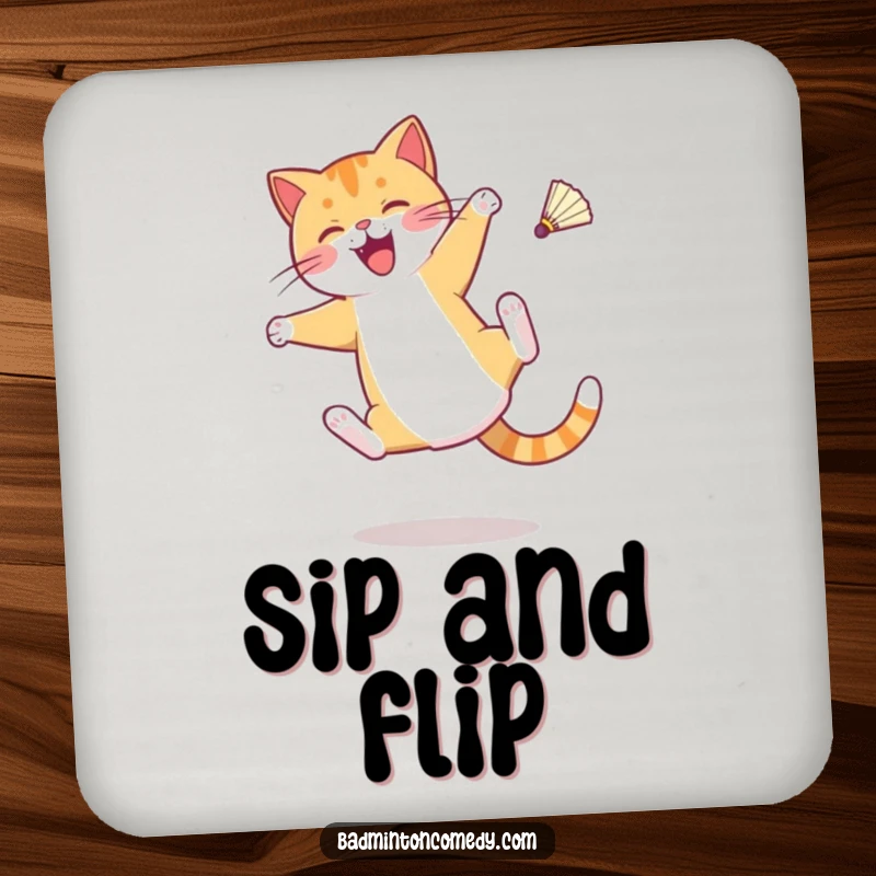 Funny drink coaster with a cat character doing a cartwheel with a shuttlecock mid-air, great for surface protection.