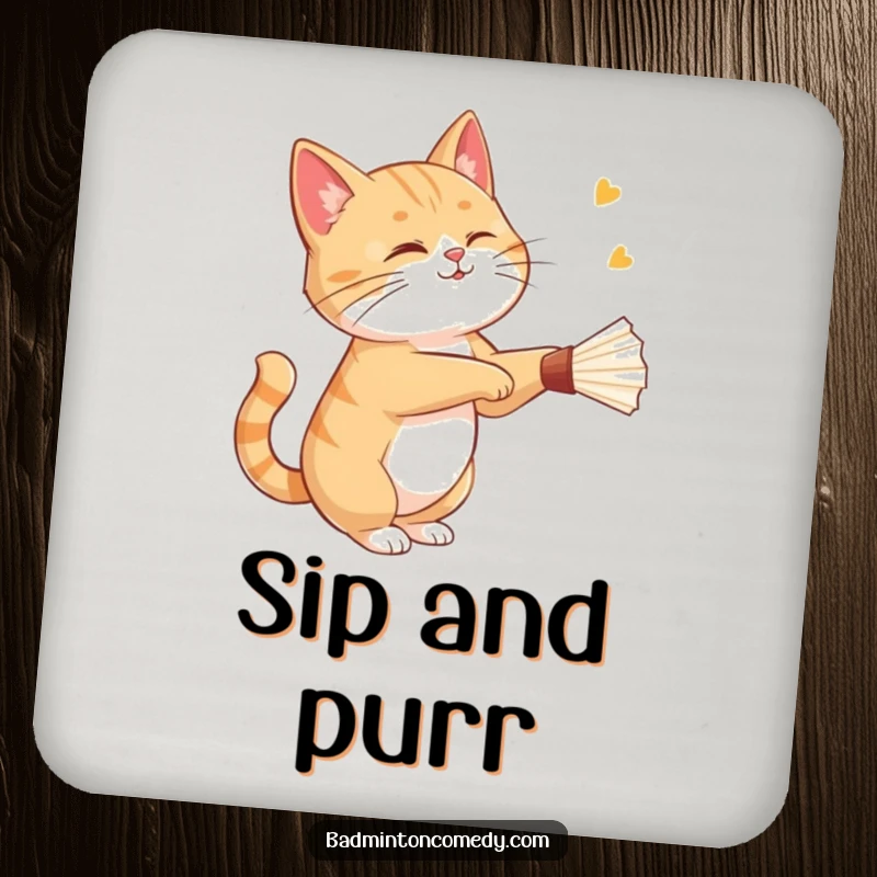 Funny cat gracefully striking a shuttlecock with a playful wink on this protective and humorous drink coaster.