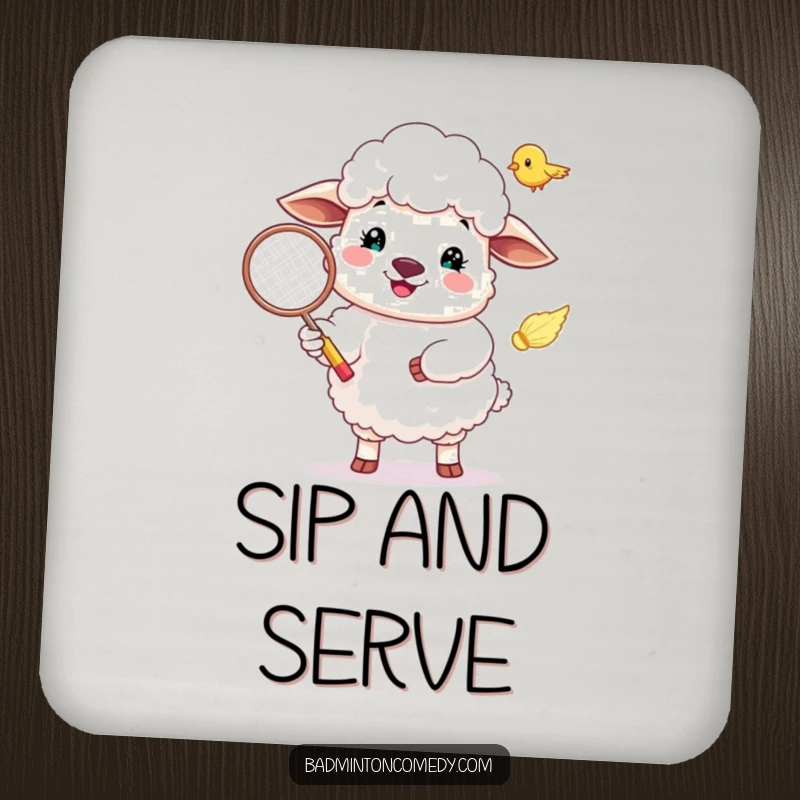 Funny Sheep Coaster: A coaster with an illustration of a happy sheep serving a badminton shuttlecock.