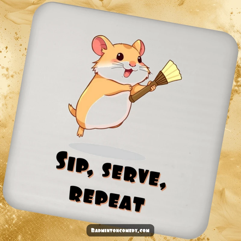 Funny Hamster Badminton Coaster: A determined hamster leaping with a tiny racket, protecting surfaces with a humorous sports design.